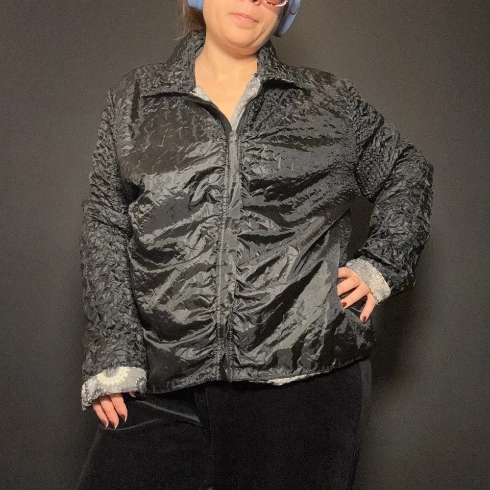 Vtg Y2K UbU Reversible Paisley Zip Jacket Metallic Floral Abstract Retro Silvr L